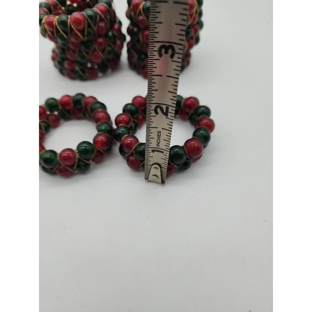 Kemp & Beatly set of 8 Christmas Red & Green Glass Beaded Napkin Ring Holders